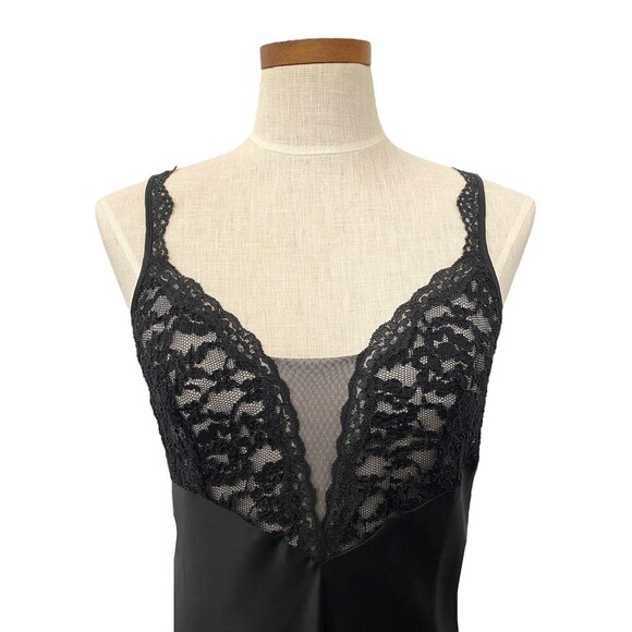 Vintage Y2K Victorias Slip Dress M Black Satin & Lace White Gold Label Side Slit - Picture 1 of 6
